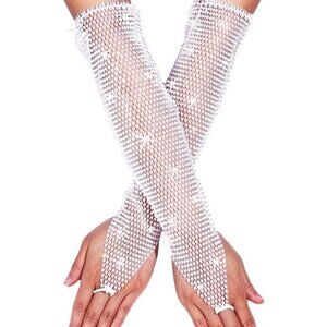 Women's Rhinestone Long Arm Rave Sleeves Fingerless Gloves White Fishnet